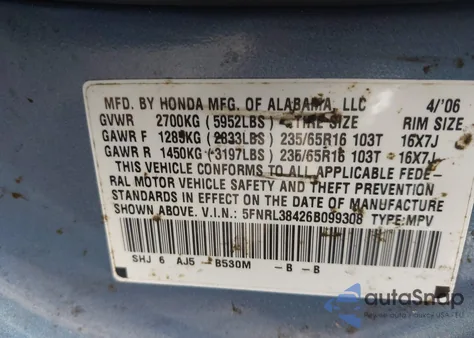 2006 Honda Odyssey Ex z USA, uszkodzony, nr VIN 5FNRL38426B099308